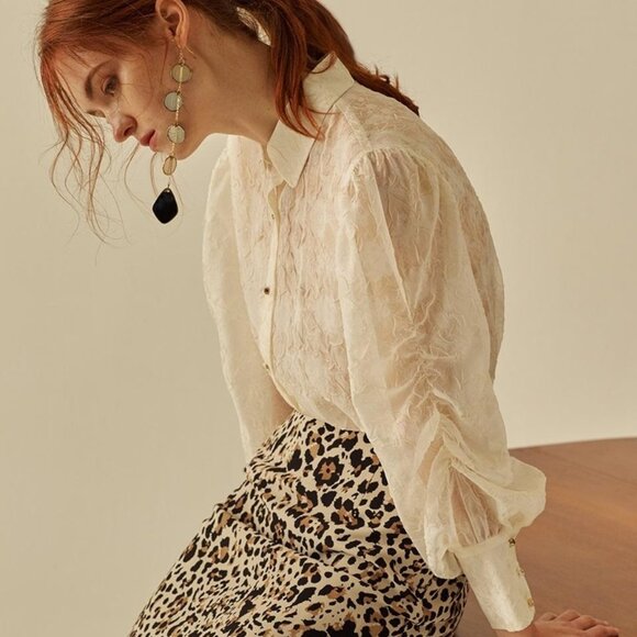 OH L Tops - OH L Rose Puff Shirring Blouse Cream
